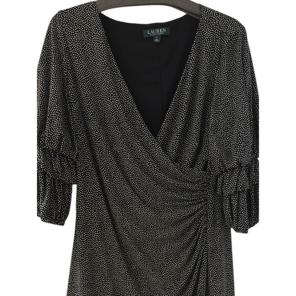 RALPH LAUREN Dress Faux Wrap V-neck Ruching 3/4 Sleeves Polka Dot WHTBLK  14 - Picture 4 of 7